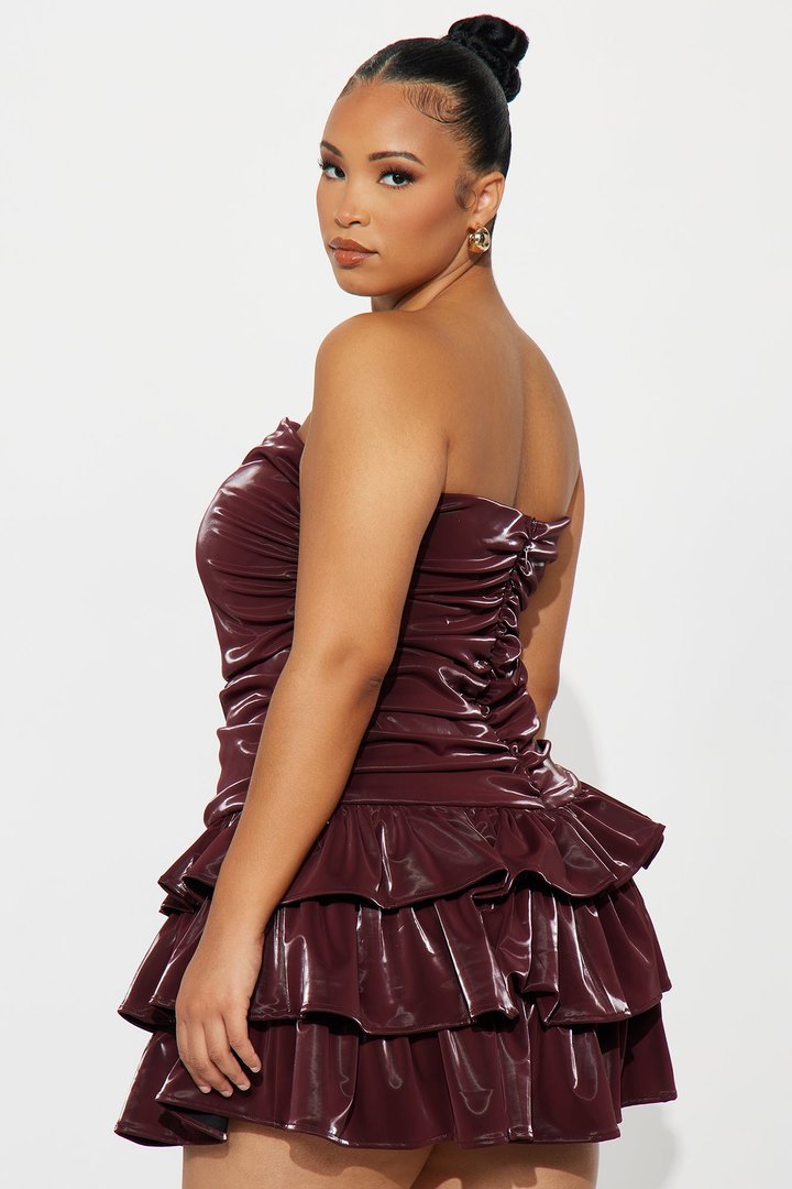 Perla Ruffle Faux Patent Leather Mini Dress - Wine