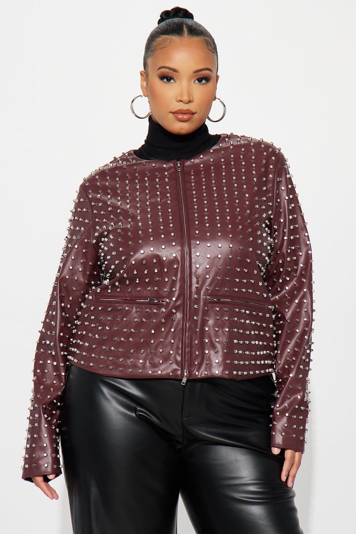 Run This Town Studded Faux Leather Jacket - Wine
