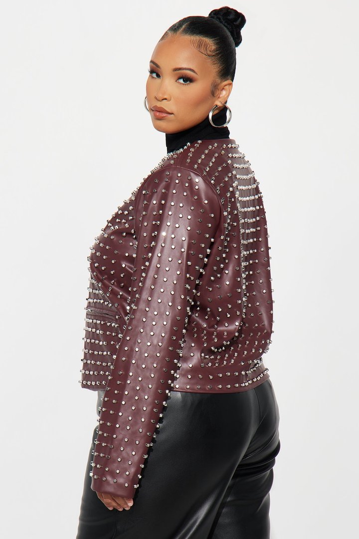 Run This Town Studded Faux Leather Jacket - Wine