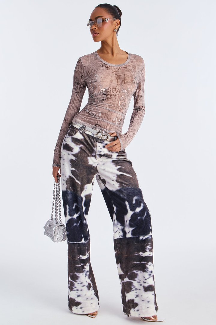 Front Page Mesh Rhinestone Top - Grey/combo