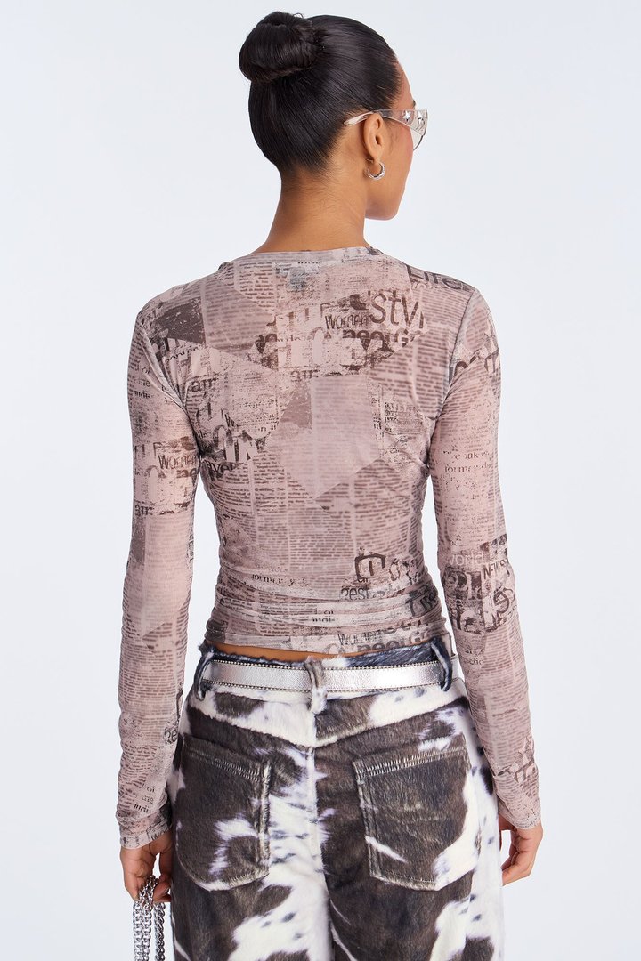 Front Page Mesh Rhinestone Top - Grey/combo