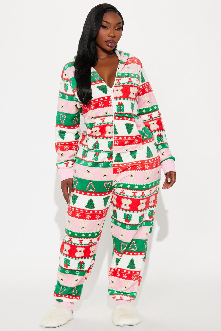 Sweetest Holiday Plush Hoodie PJ Jumpsuit Onesie - Green/combo