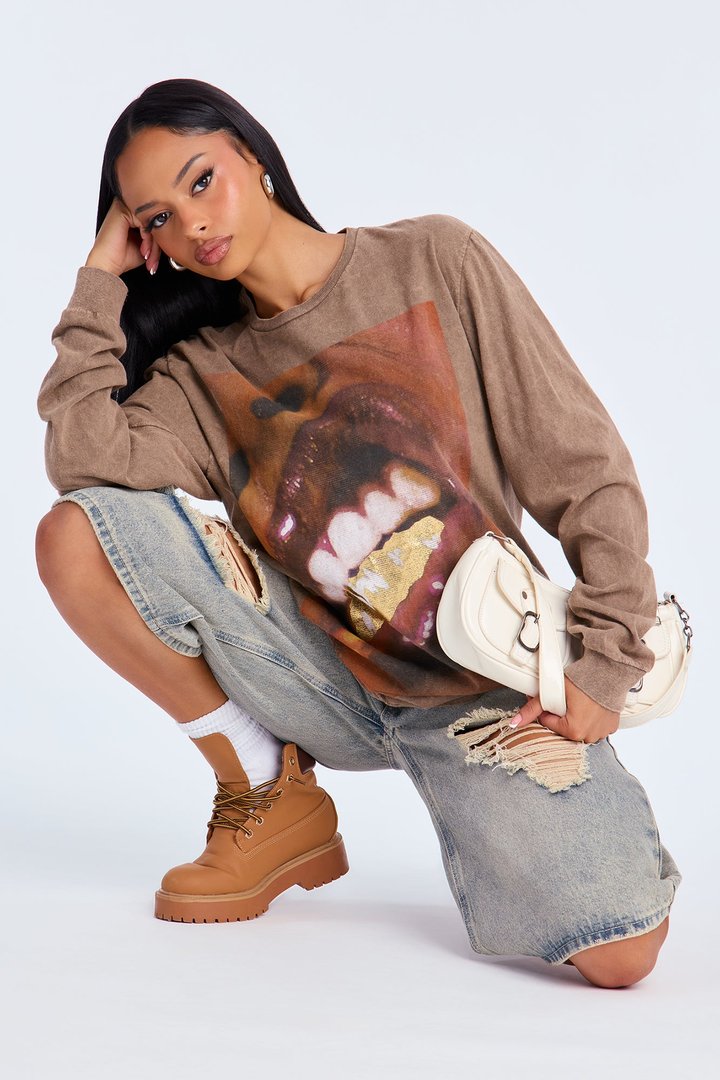 Grillz Long Sleeve Washed Tee - Brown