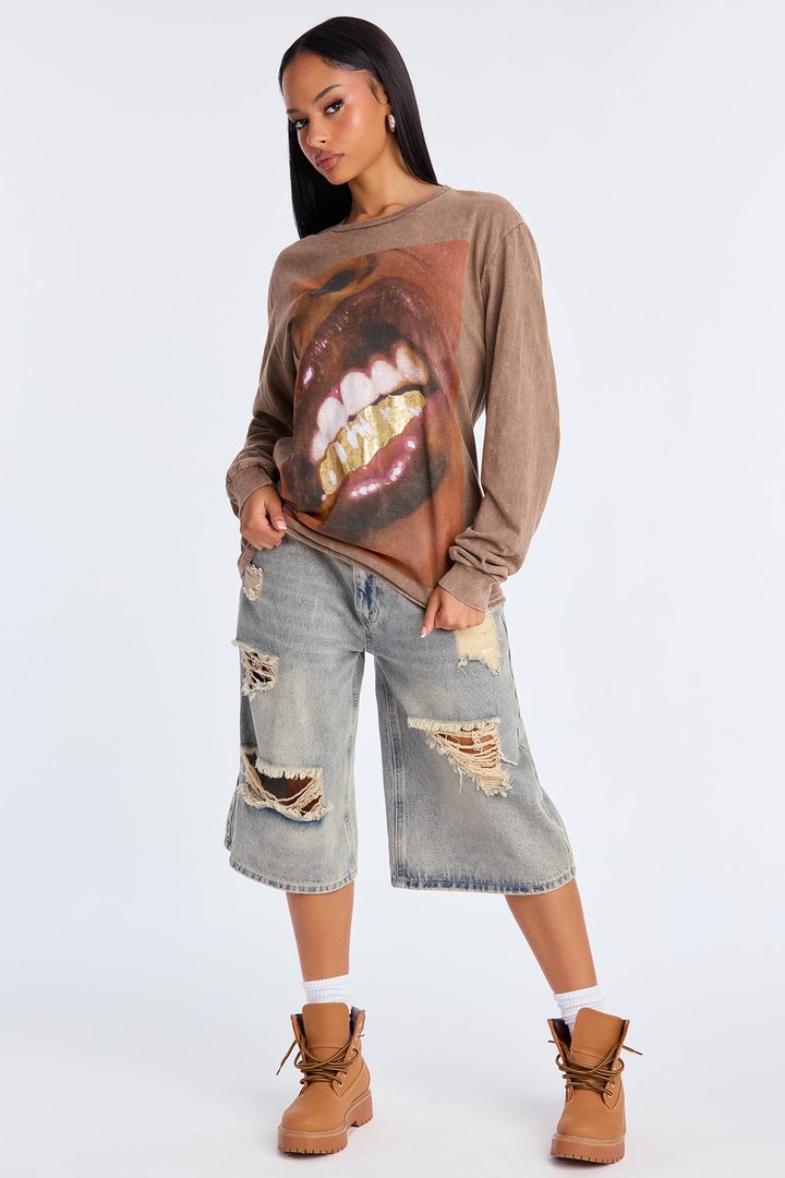 Grillz Long Sleeve Washed Tee - Brown
