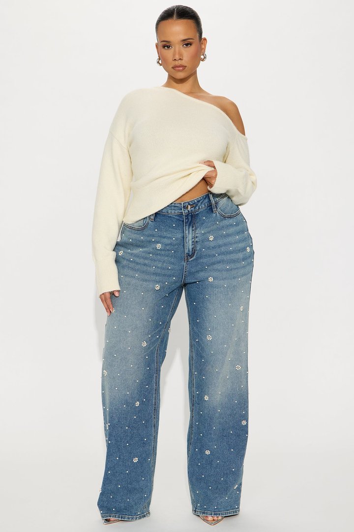 Oh So Pearly Embellished Straight Leg Jeans - Vintage Wash