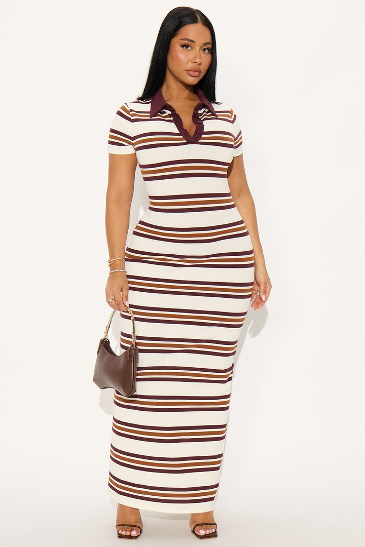 Demi Short Sleeve Striped Maxi Dress - Brown/combo