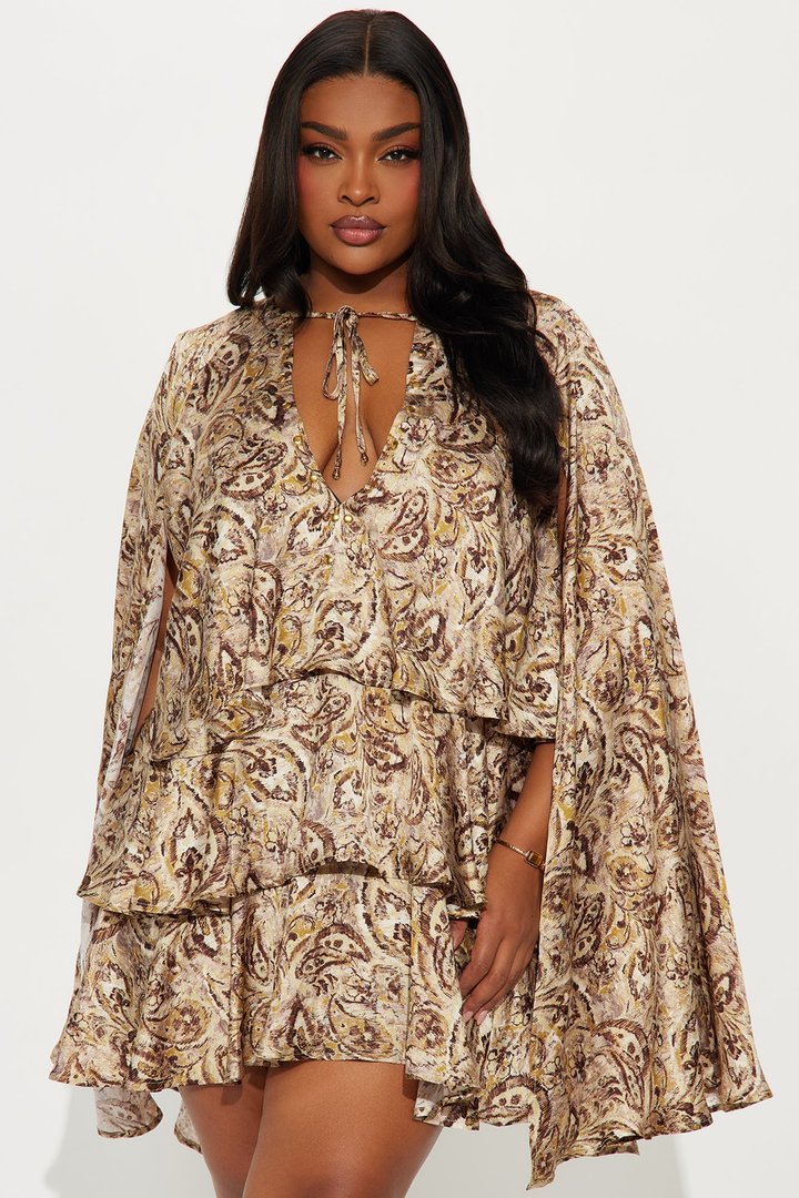 Ilana Ruffle Draped Satin Mini Dress - Taupe/combo