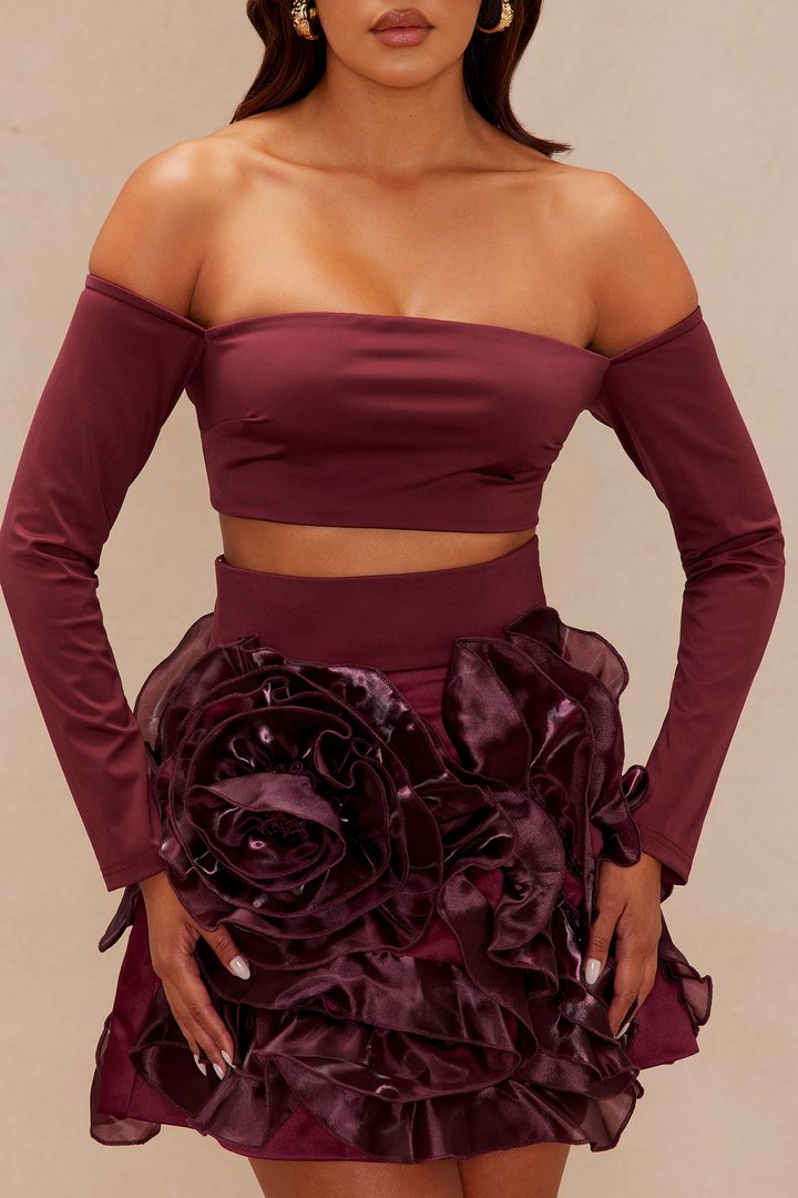 Neveah Off Shoulder Mini Skirt Set - Burgundy