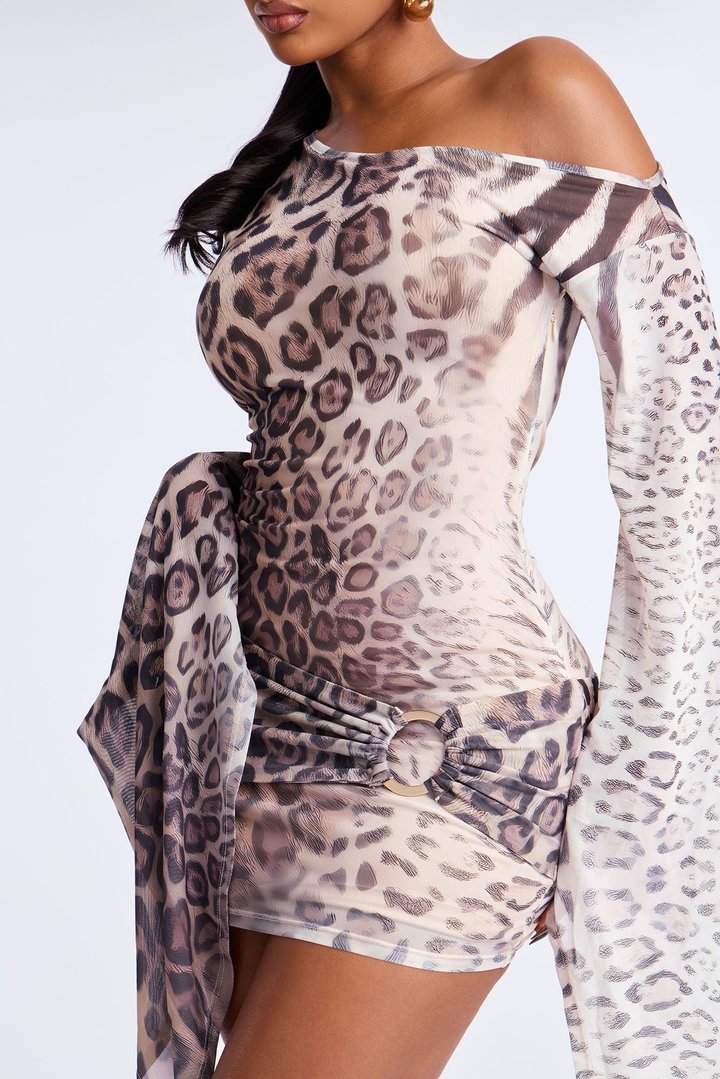 Feral Kiss Draped Sleeve Leopard Mini Dress - Stone/Combo