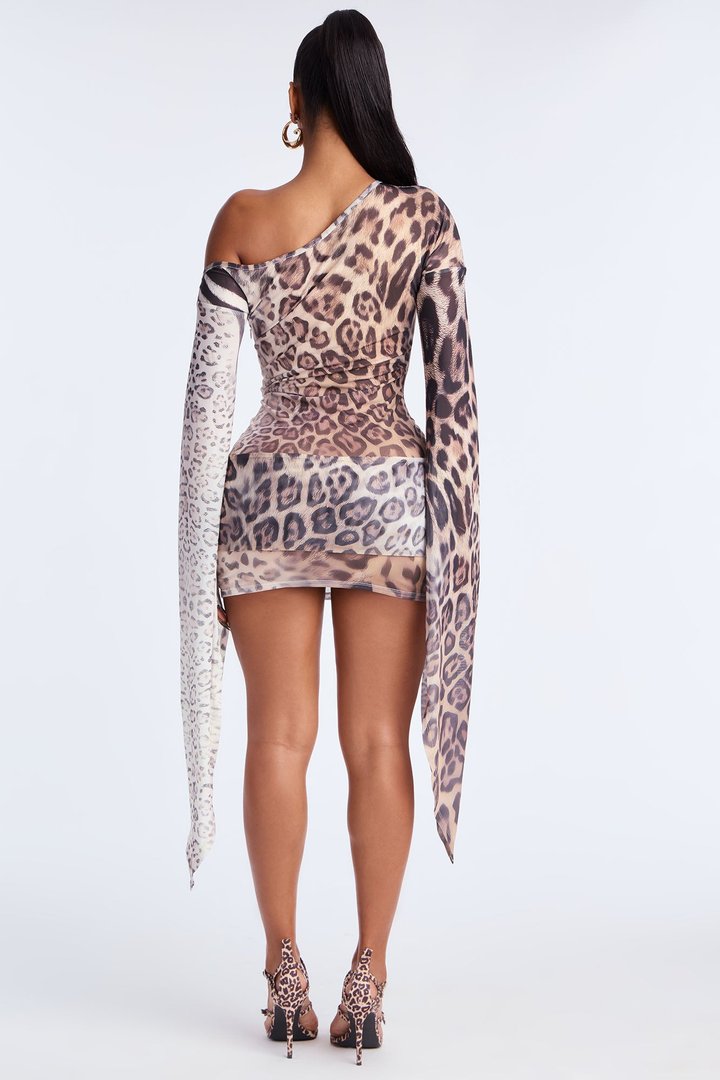 Feral Kiss Draped Sleeve Leopard Mini Dress - Stone/Combo