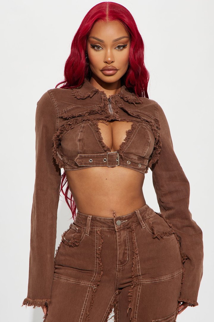 On Replay Frayed Denim Bolero Jacket - Brown