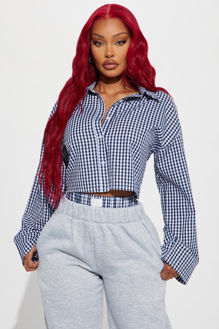 Shayla Gingham Fleece Pant Set - Navy/combo