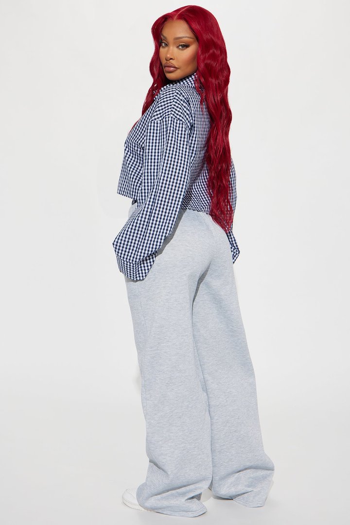 Shayla Gingham Fleece Pant Set - Navy/combo