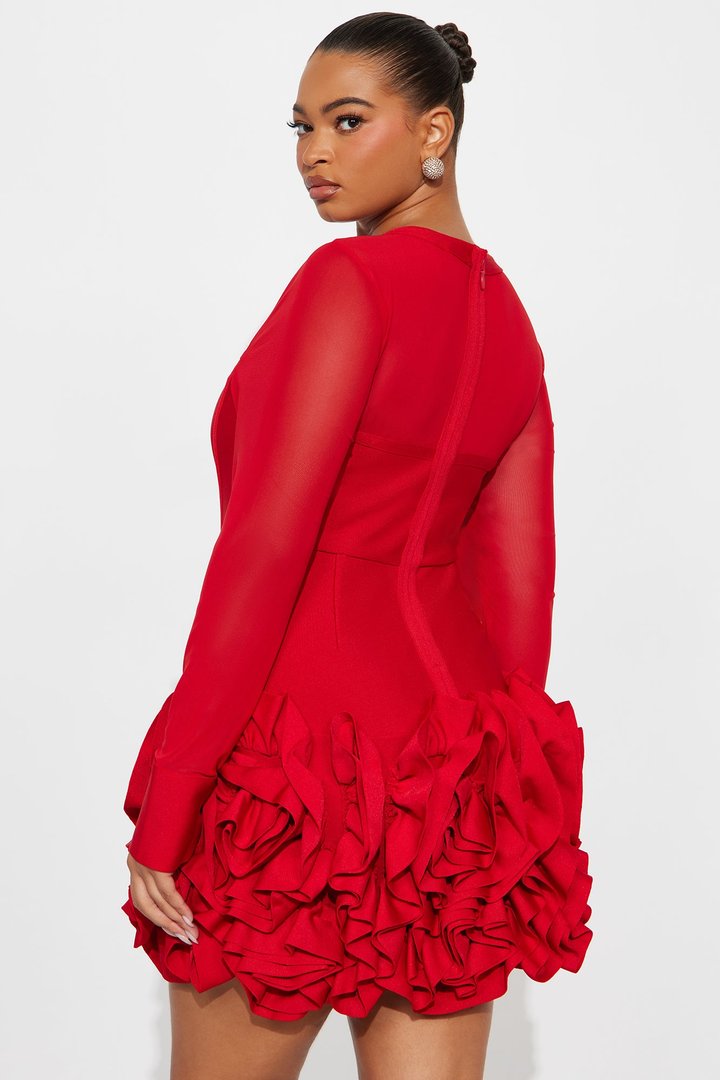 Blessed Beauty Long Sleeve Rufﬂe Rosette Bandage Mini Dress - Red