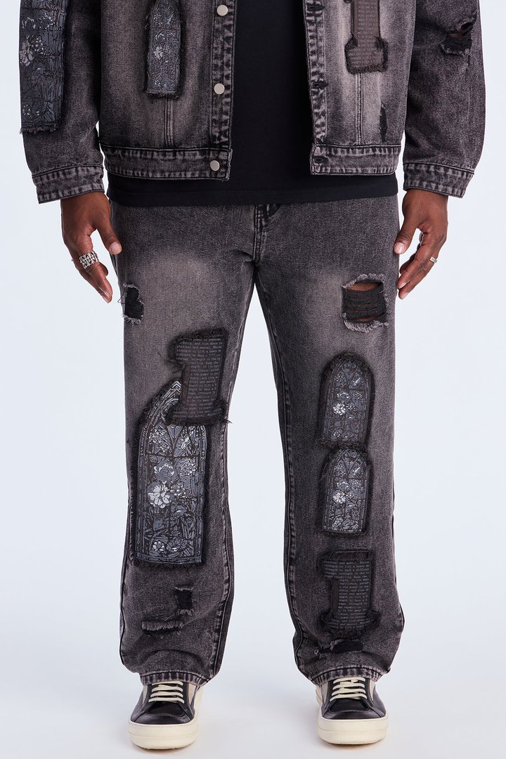 Straight In Due Time Distressed Patch Jean - Black Wash