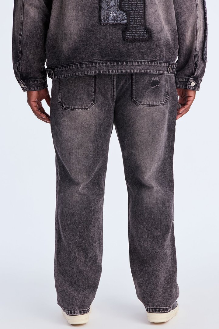 Straight In Due Time Distressed Patch Jean - Black Wash