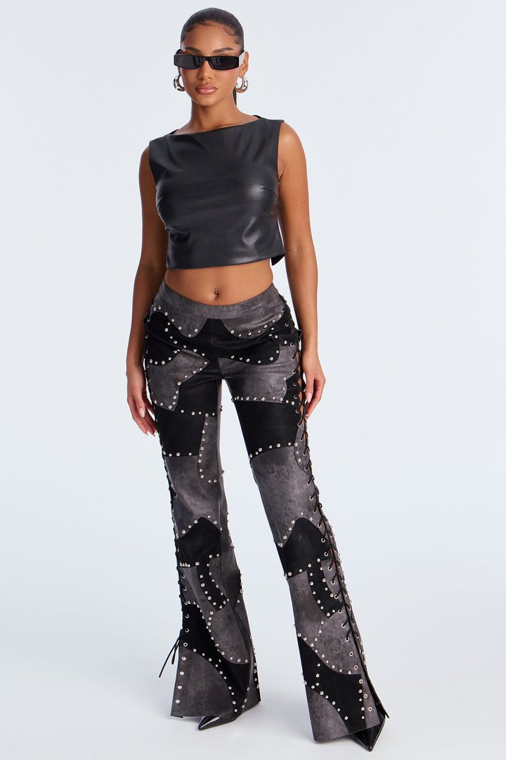 Night Claw Faux Leather Patchwork Flare Pants - Black/Smoke
