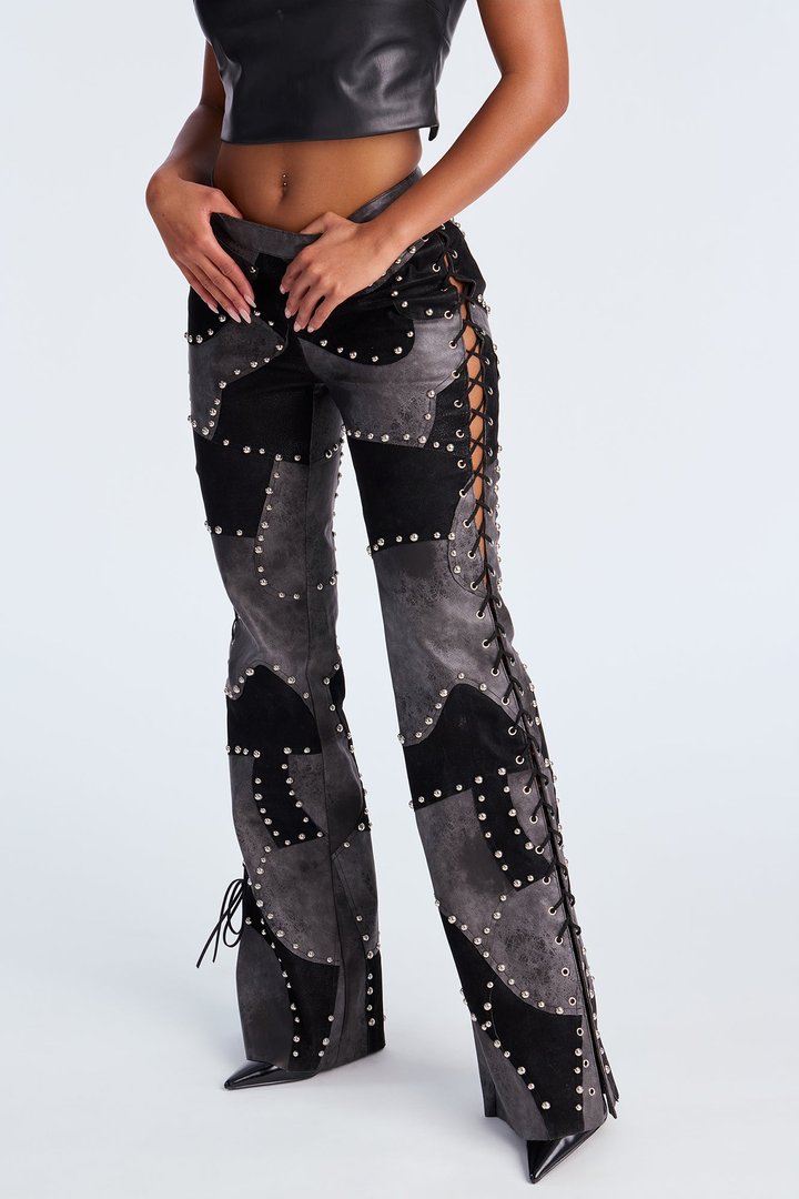 Night Claw Faux Leather Patchwork Flare Pants - Black/Smoke