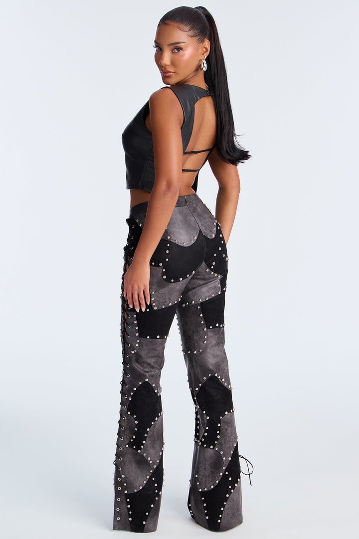 Night Claw Faux Leather Patchwork Flare Pants - Black/Smoke