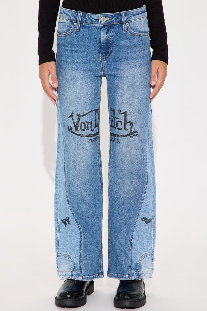 Mini Von Dutch Two Tone Reconstructed Wide Leg Jeans - Medium Wash