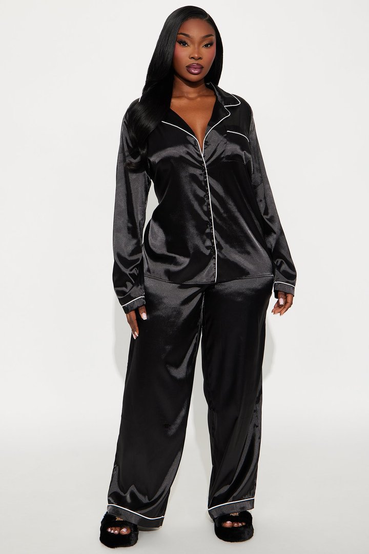 Bedtime Stretch Satin Long Sleeve PJ Pant Set - Black