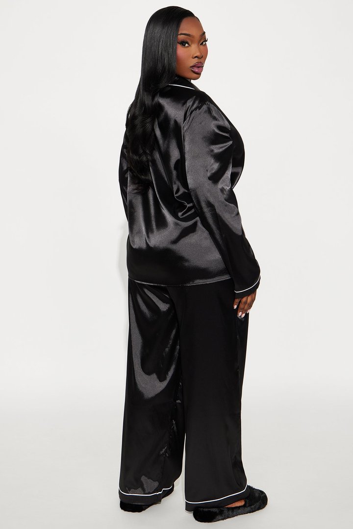 Bedtime Stretch Satin Long Sleeve PJ Pant Set - Black