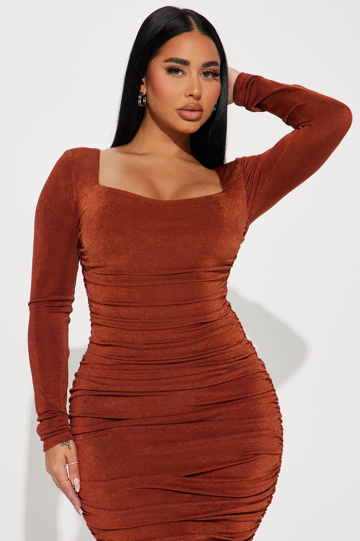 Kaci Ruched Midi Dress - Rust