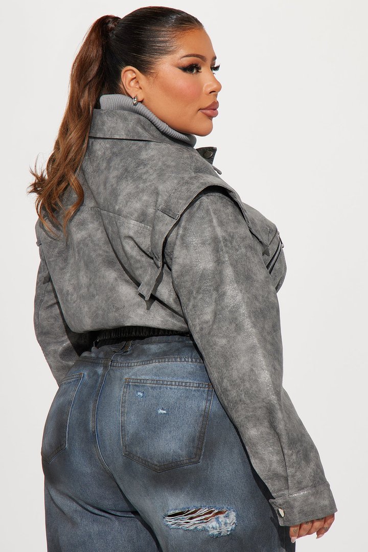 Harper Washed Faux Leather Jacket - Grey