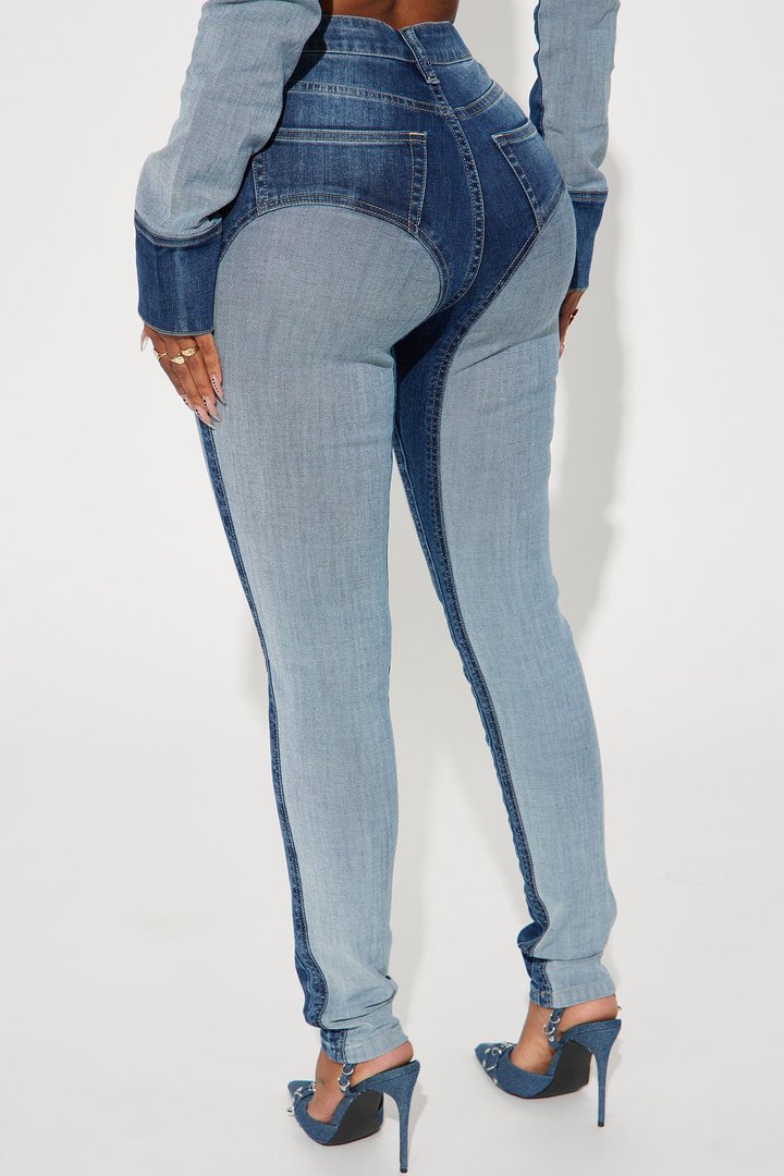 Coronado Two Tone Moto Skinny Jeans - Medium Wash