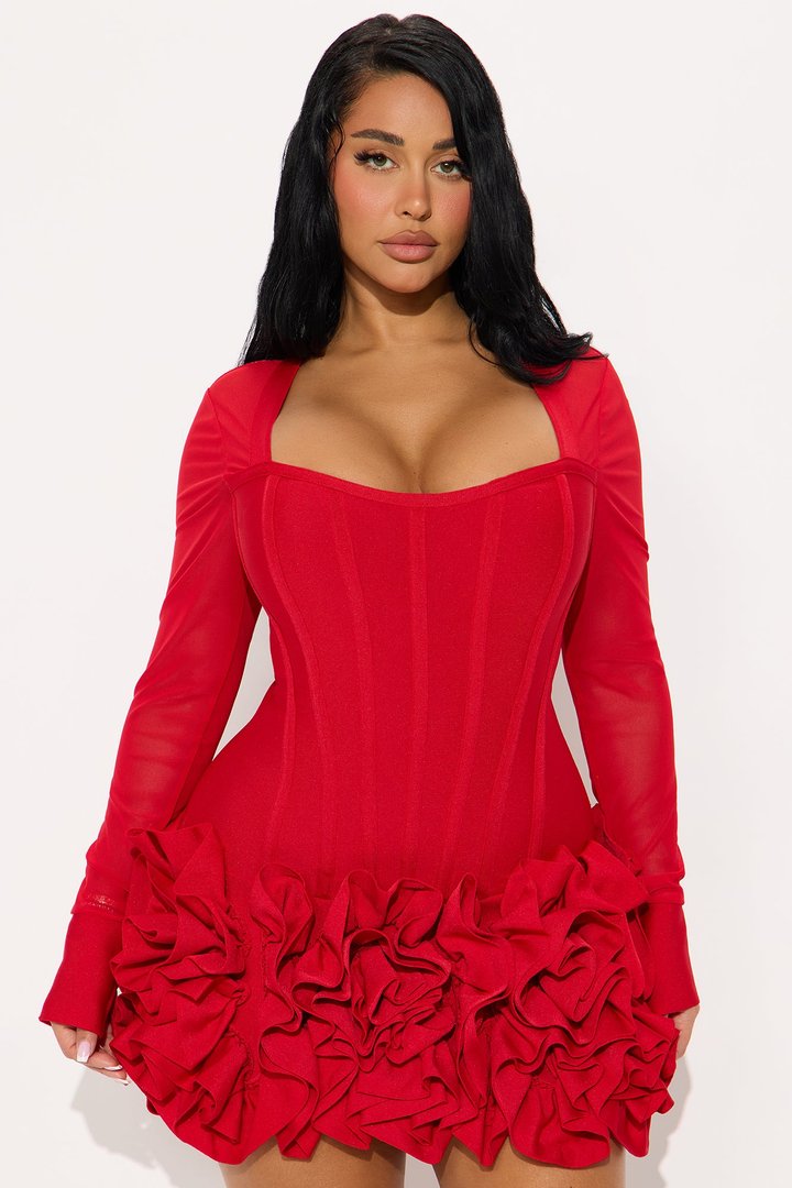 Blessed Beauty Long Sleeve Rufﬂe Rosette Bandage Mini Dress - Red