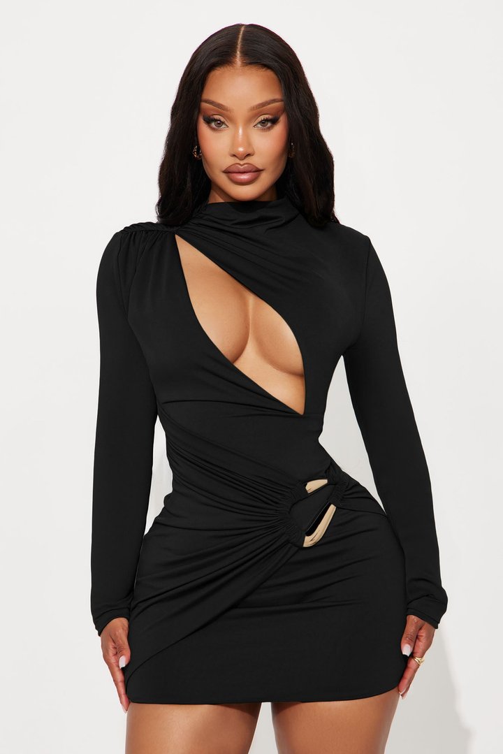Cynthia Cut Out Long Sleeve Mini Dress - Black