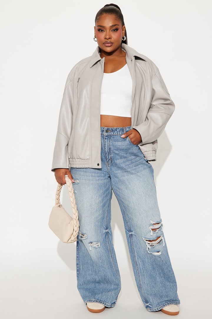 More To Come Faux Leather Bomber Jacket - Light Grey
