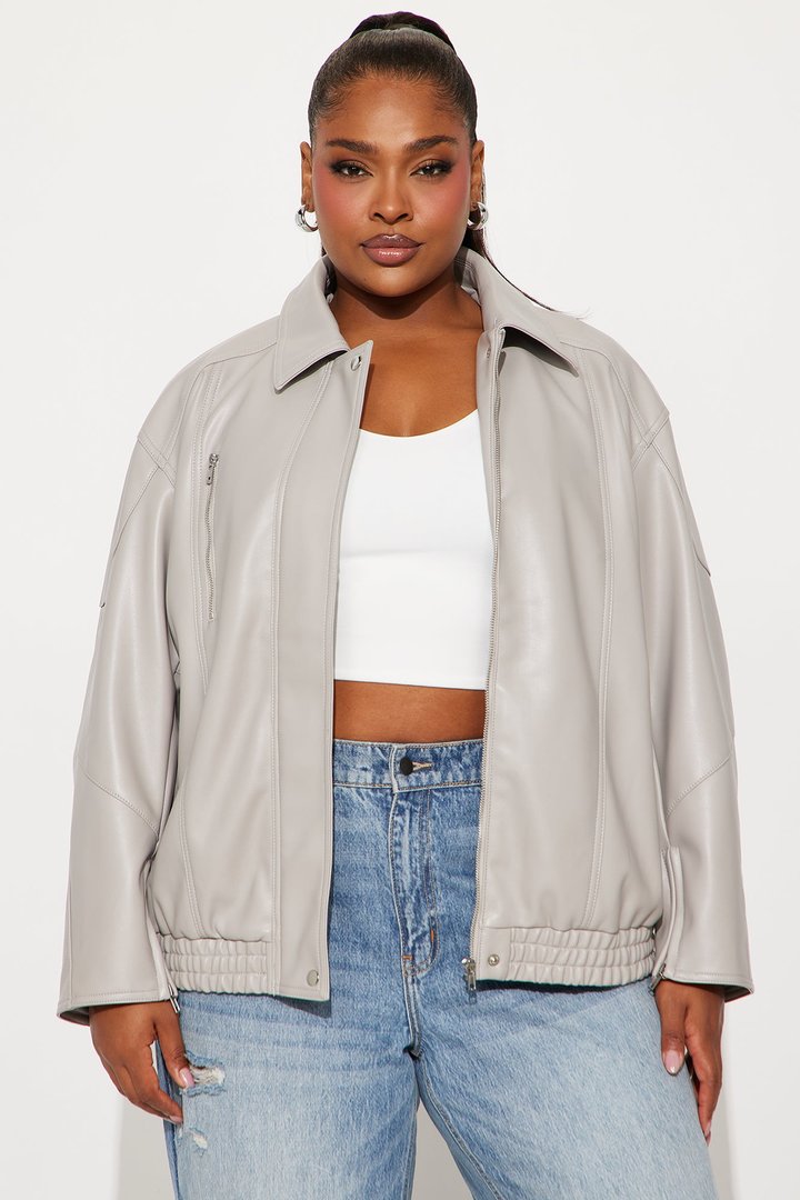 More To Come Faux Leather Bomber Jacket - Light Grey