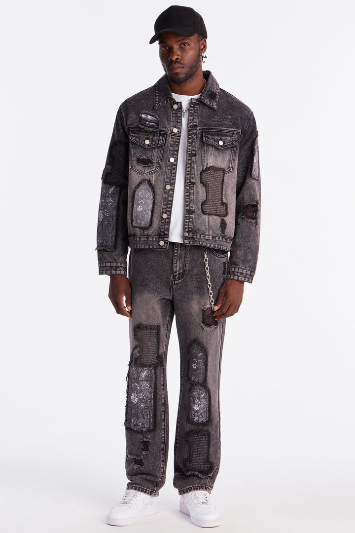 In Due Time Patched Distressed Denim Trucker Jacket - Black Wash