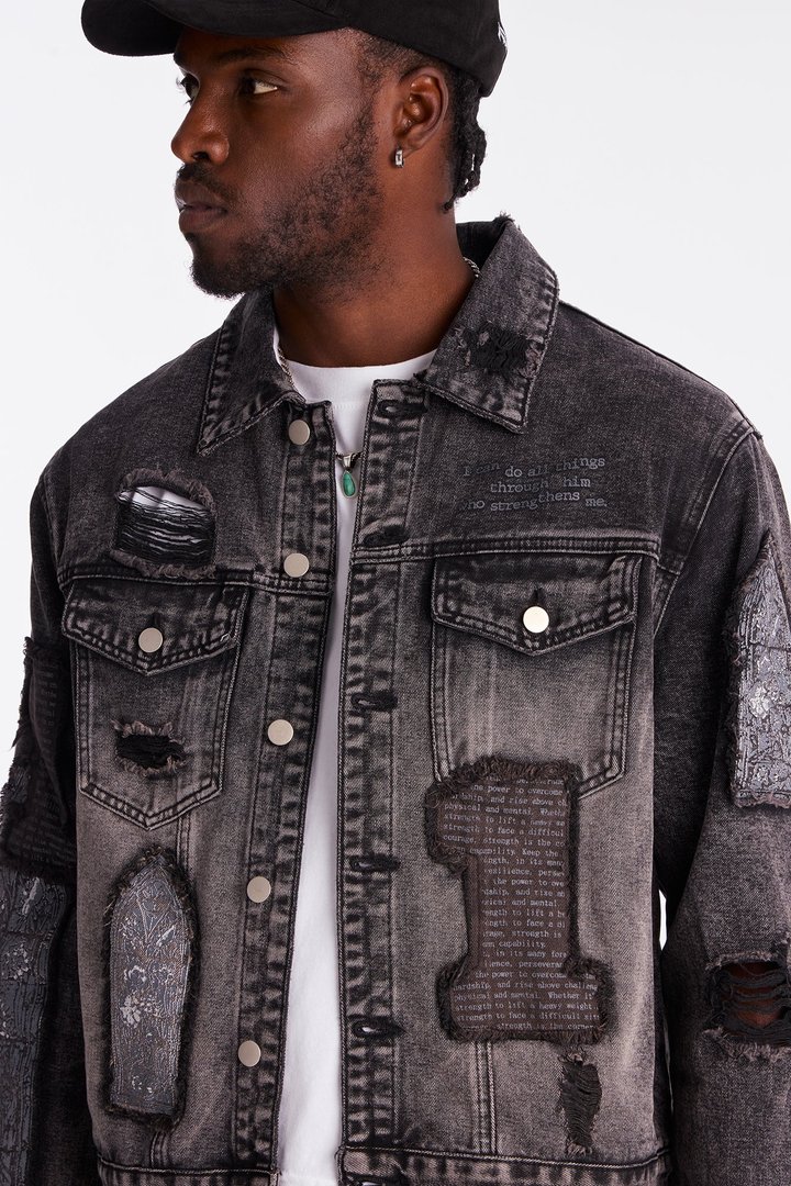 In Due Time Patched Distressed Denim Trucker Jacket - Black Wash