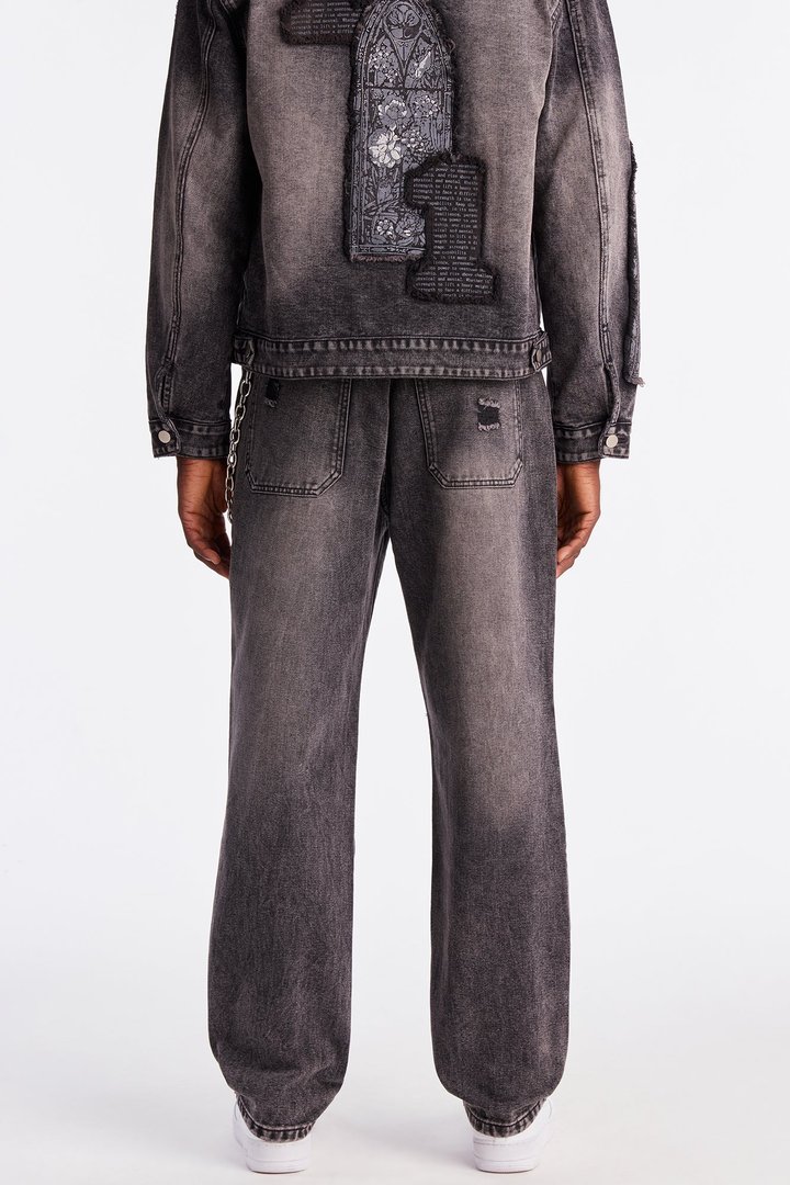 Straight In Due Time Distressed Patch Jean - Black Wash