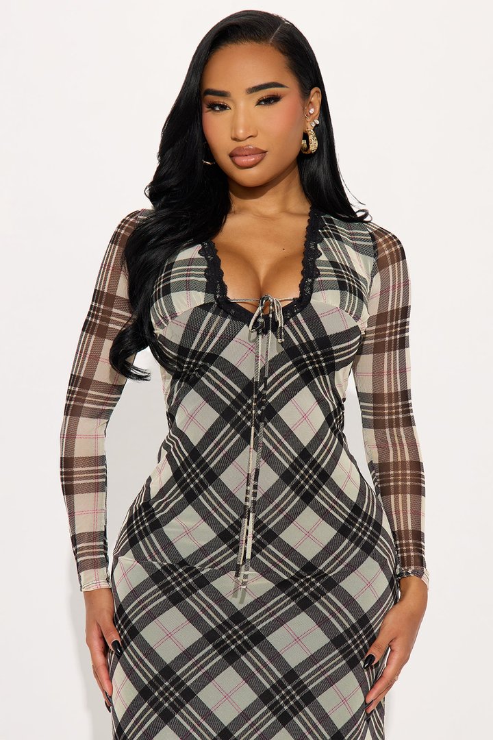 Livia Plaid Mesh Midi Dress - Taupe/combo
