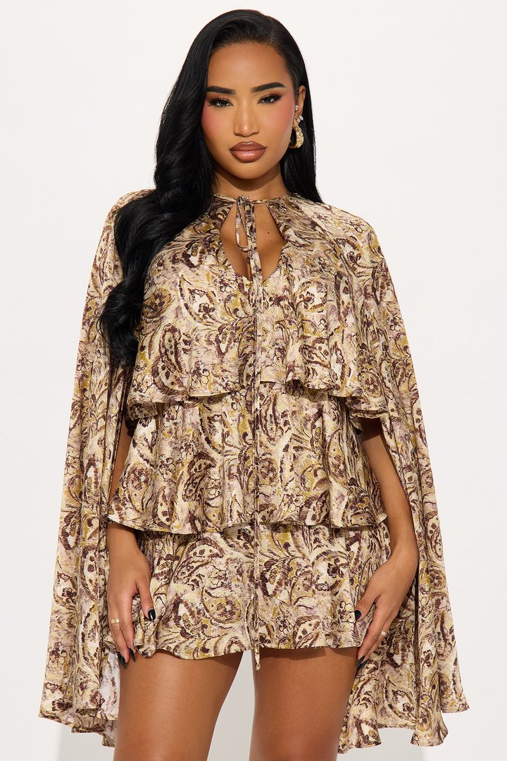 Ilana Ruffle Draped Satin Mini Dress - Taupe/combo