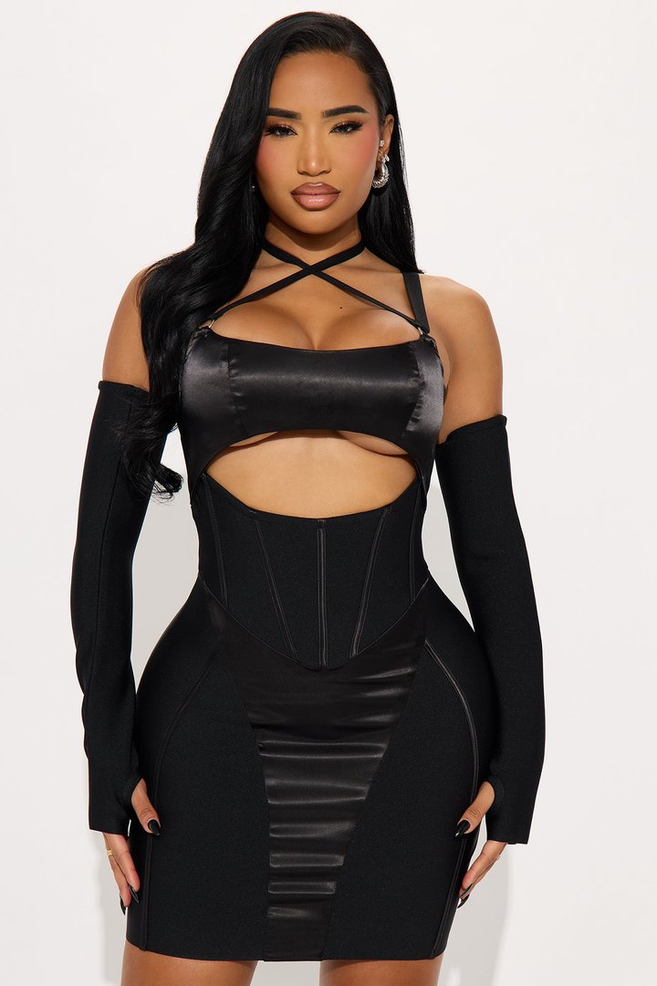 All Tied Up Cut Out Bandage Mini Dress - Black