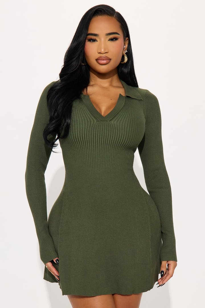 Soft Season Long Sleeve Sweater Mini Dress - Olive