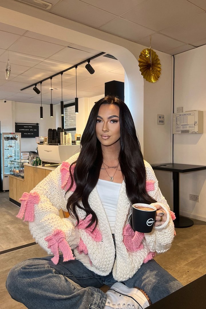 In My Bow Era Chunky Knit Cardigan - Pink/combo