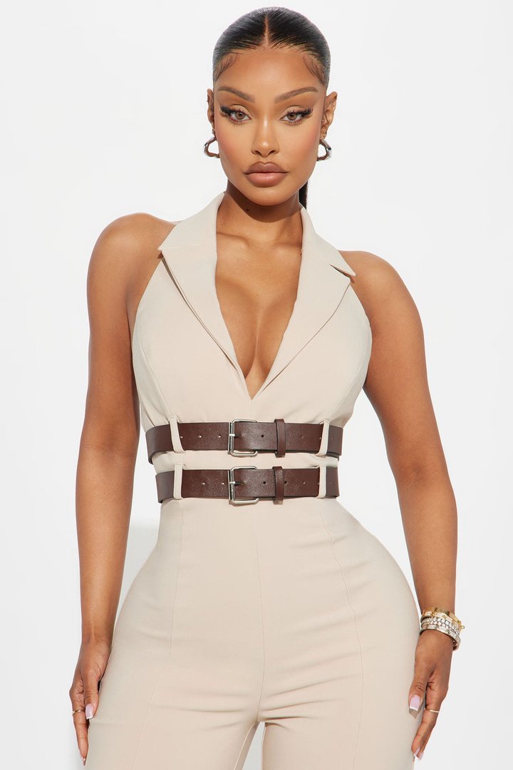 At The Office Belted Jumpsuit - Beige