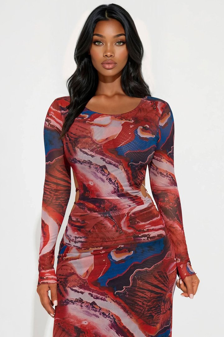 Sexy Sabotage Backless Mesh Maxi Dress - Red/combo