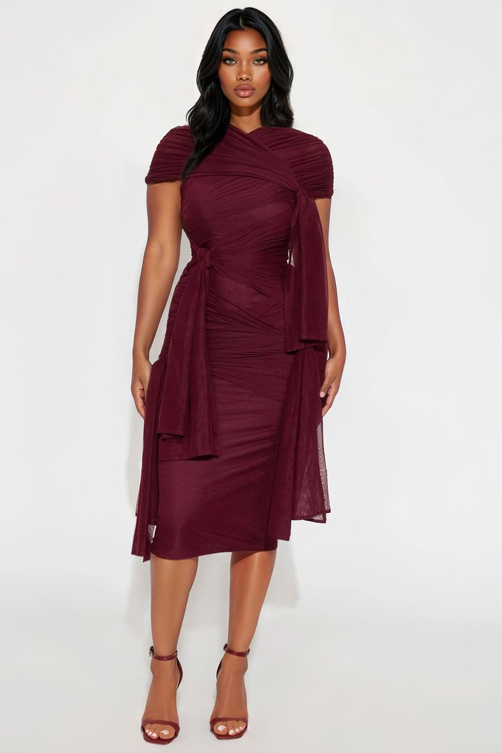 Darcy Draped Mesh Midi Dress - Burgundy