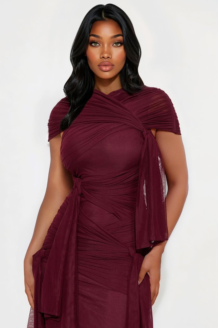 Darcy Draped Mesh Midi Dress - Burgundy