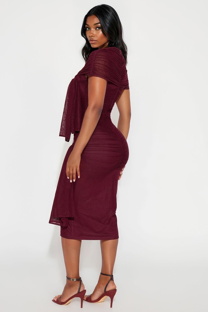 Darcy Draped Mesh Midi Dress - Burgundy