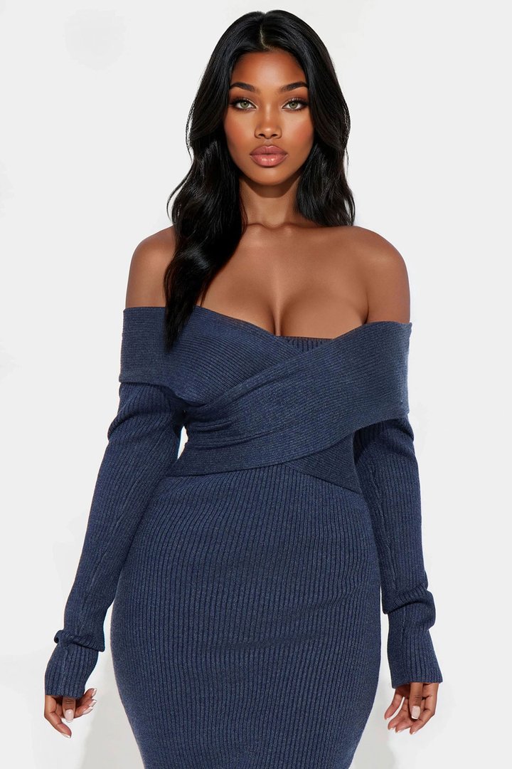 Amryn Off Shoulder Ribbed Midi Dress - Navy