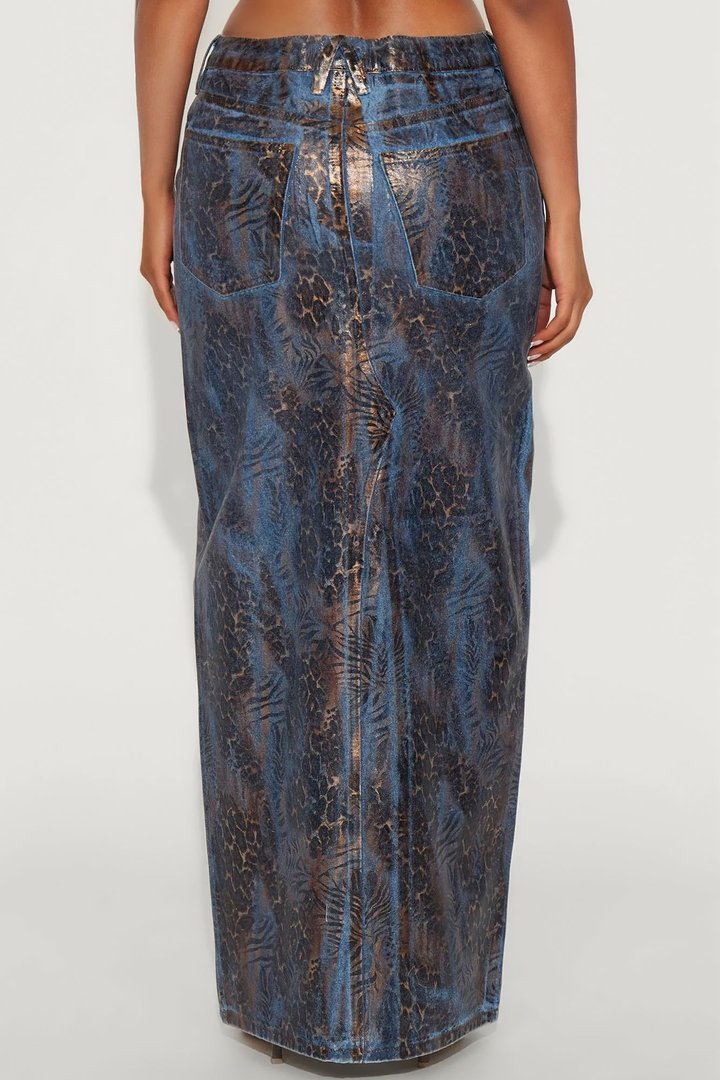 Josie Metallic Coated Leopard Denim Maxi Skirt - Leopard