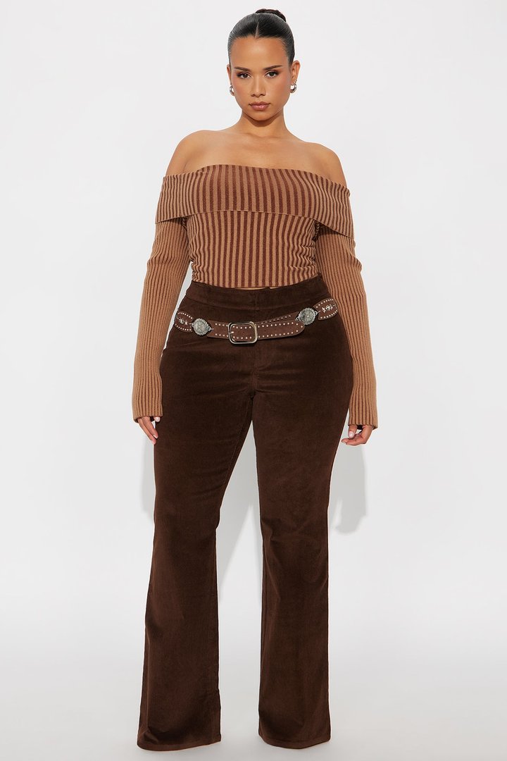 Ridin' Round Mid Rise Belted Corduroy Flare Pant 34 - Chocolate