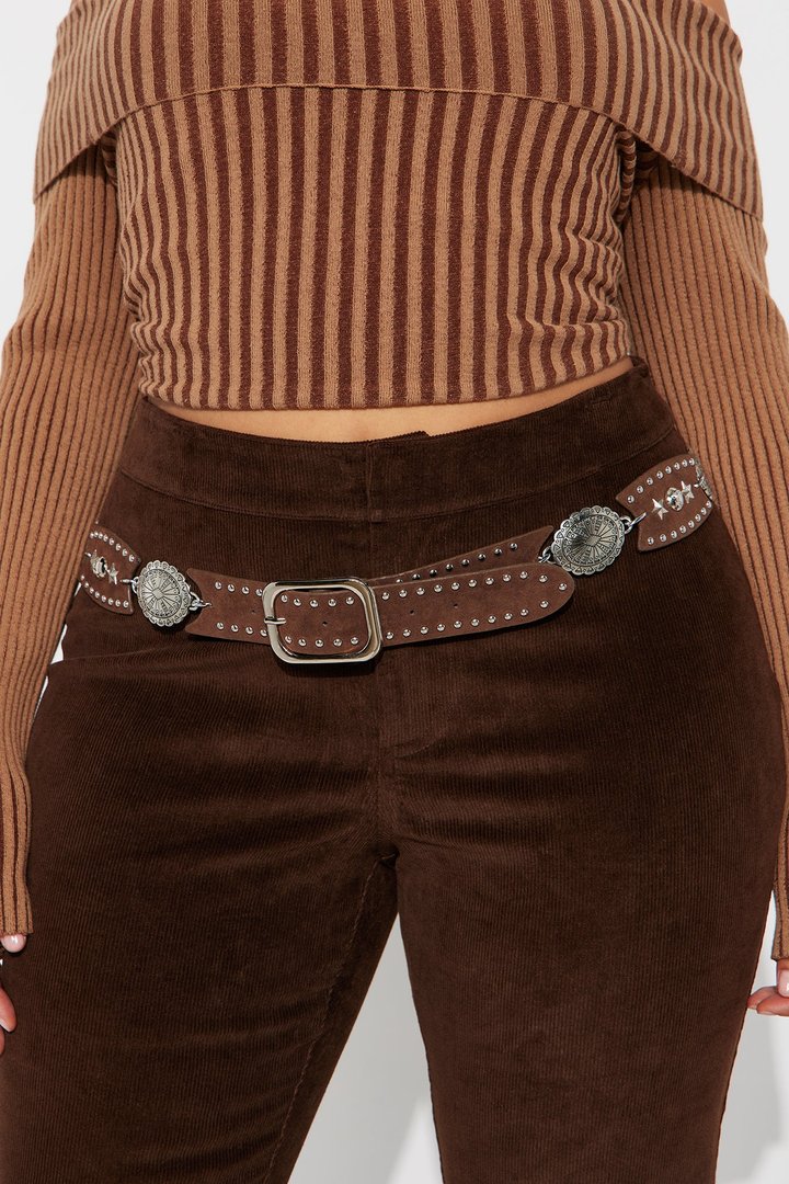 Ridin' Round Mid Rise Belted Corduroy Flare Pant 34 - Chocolate